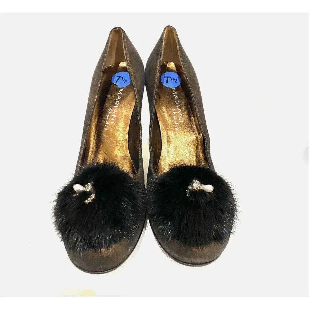 Mariani Studio Bronze Metallic Pumps Womens 7.5 Mink Fur Pom Crystal Heels Shoes